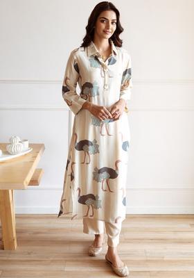 Cream Printed Cotton Kurta Set