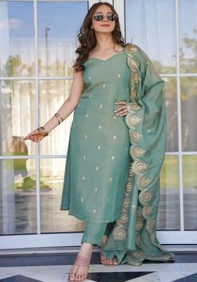 Sea Green Embroidered Silk Blend Kurta Set