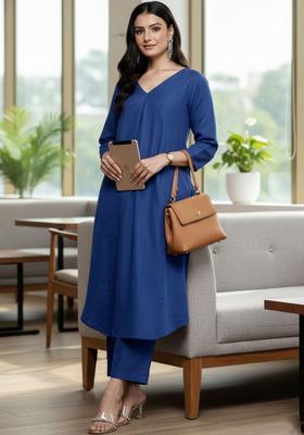 Blue Solid Cotton Kurta Set