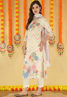 Beige Printed Cotton Kurta Set
