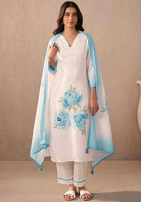 Off White Printed Linen Kurta Set