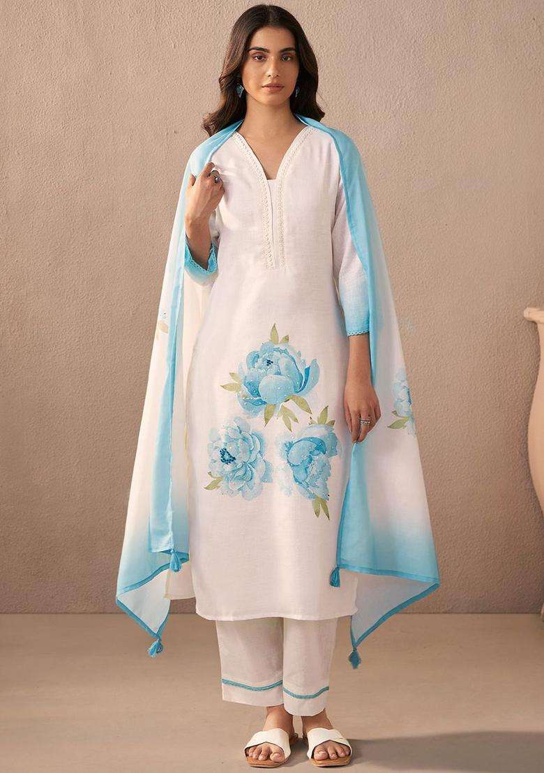 Off White Printed Linen Kurta Set - Indya