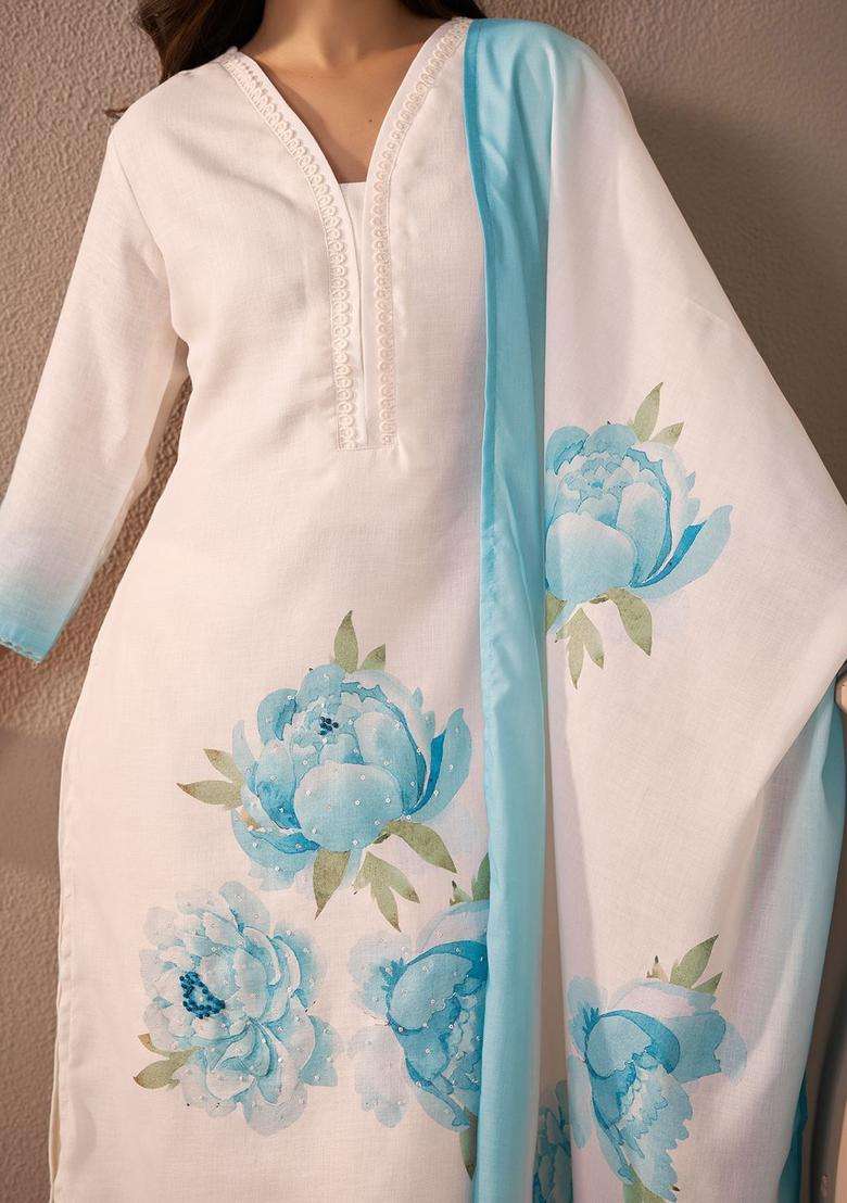 Off White Printed Linen Kurta Set - Indya