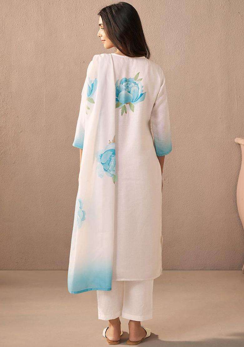 Off White Printed Linen Kurta Set - Indya