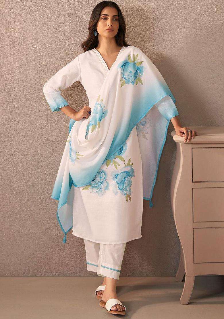 Off White Printed Linen Kurta Set - Indya