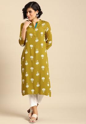 Olive Printed Viscose Kurta Set