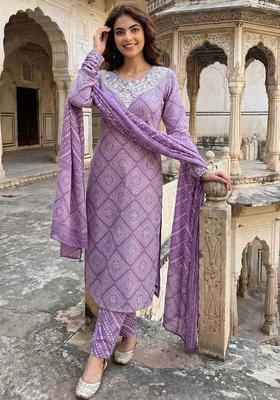 Lavender Printed Cotton Kurta Set