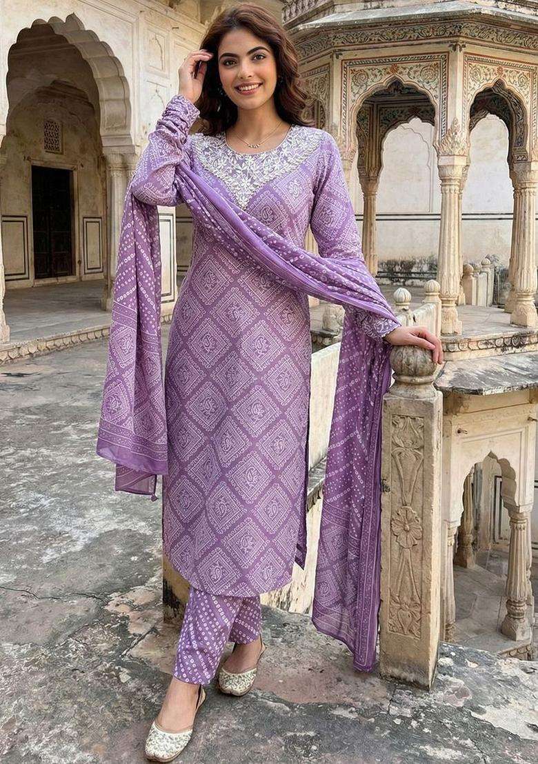Lavender Printed Cotton Kurta Set - Indya