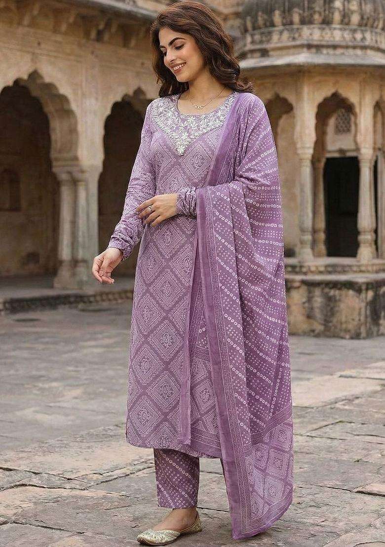 Lavender Printed Cotton Kurta Set - Indya