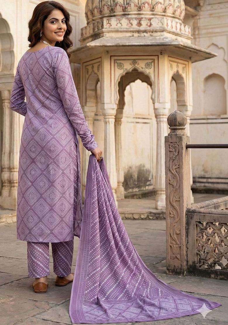 Lavender Printed Cotton Kurta Set - Indya