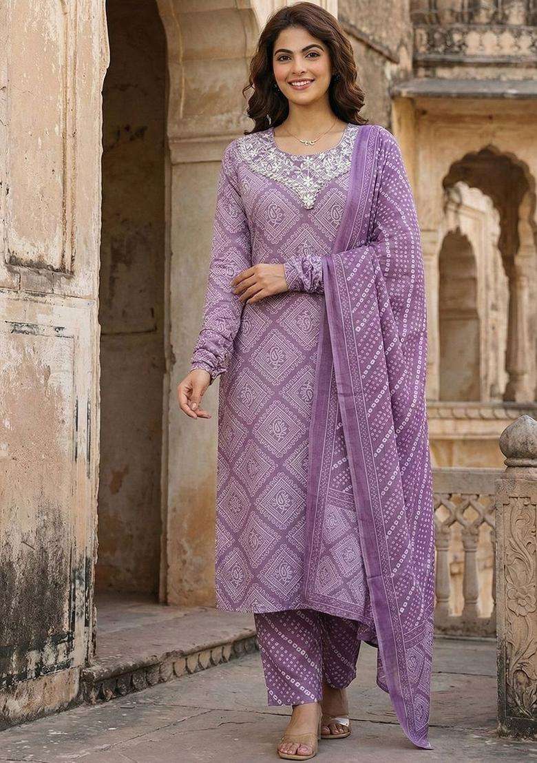 Lavender Printed Cotton Kurta Set - Indya