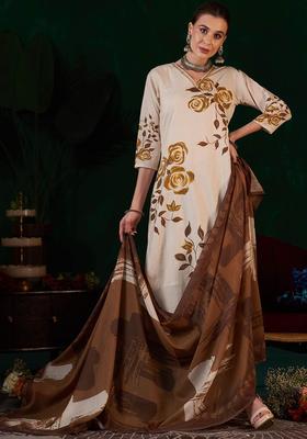 Cream Printed Cotton Kurta Set