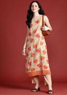 Beige Printed Viscose Kurta Set