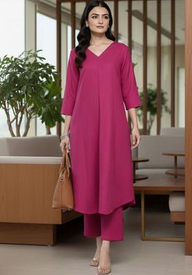 Magenta Solid Cotton Kurta Set