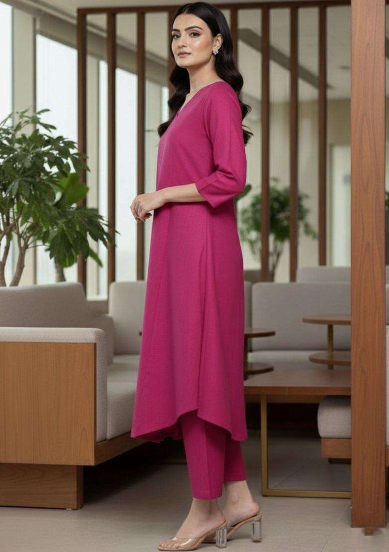 Magenta Solid Cotton Kurta Set - Indya