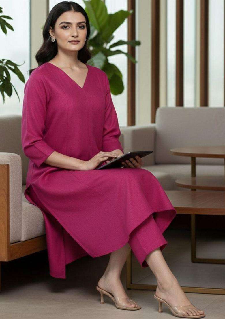 Magenta Solid Cotton Kurta Set - Indya