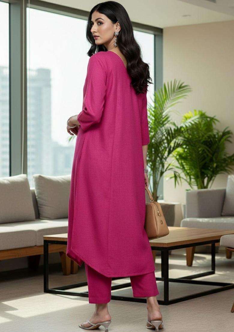 Magenta Solid Cotton Kurta Set - Indya