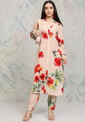 Beige Printed Viscose Kurta Set