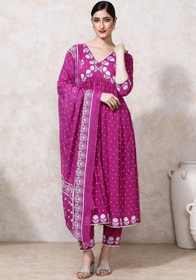 Magenta Printed Cotton Kurta Set