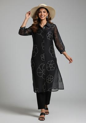 Black Printed Silk Blend Kurta Set