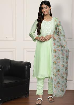 Lime Green Embroidered Silk Kurta Set