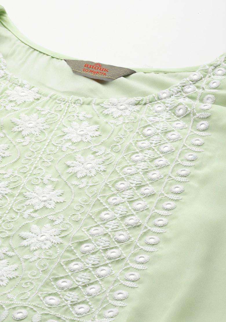 Lime Green Embroidered Silk Blend Kurta Set - Indya