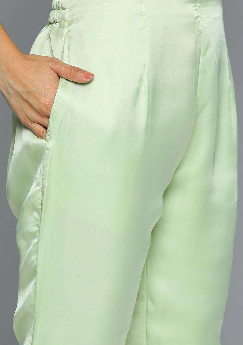 Lime Green Embroidered Silk Blend Kurta Set - Indya
