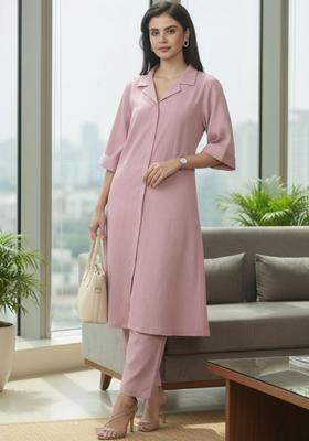 Pink Self Design Silk Blend Kurta Set