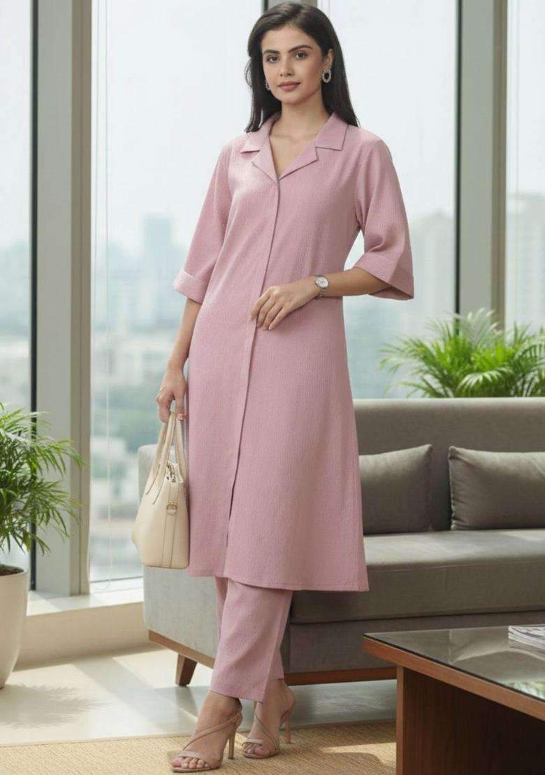Pink Self Design Silk Blend Kurta Set - Indya