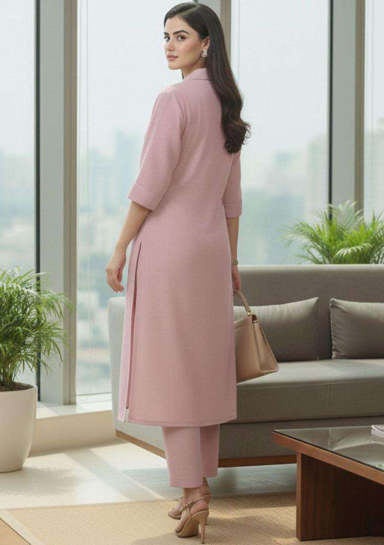 Pink Self Design Silk Blend Kurta Set - Indya