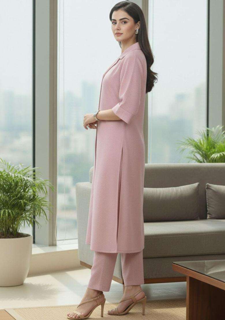 Pink Self Design Silk Blend Kurta Set - Indya