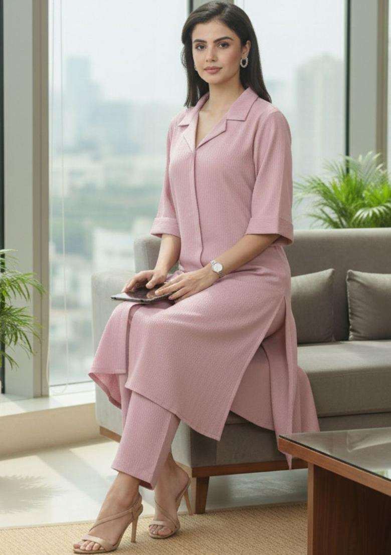 Pink Self Design Silk Blend Kurta Set - Indya