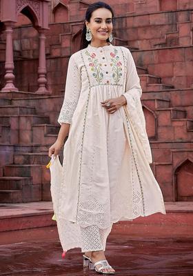 Beige Embroidered Cotton Anarkali Set