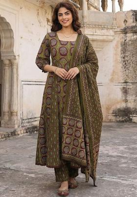 Olive Printed Cotton Kurta Set