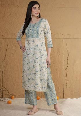Beige Printed Cotton Kurta Set