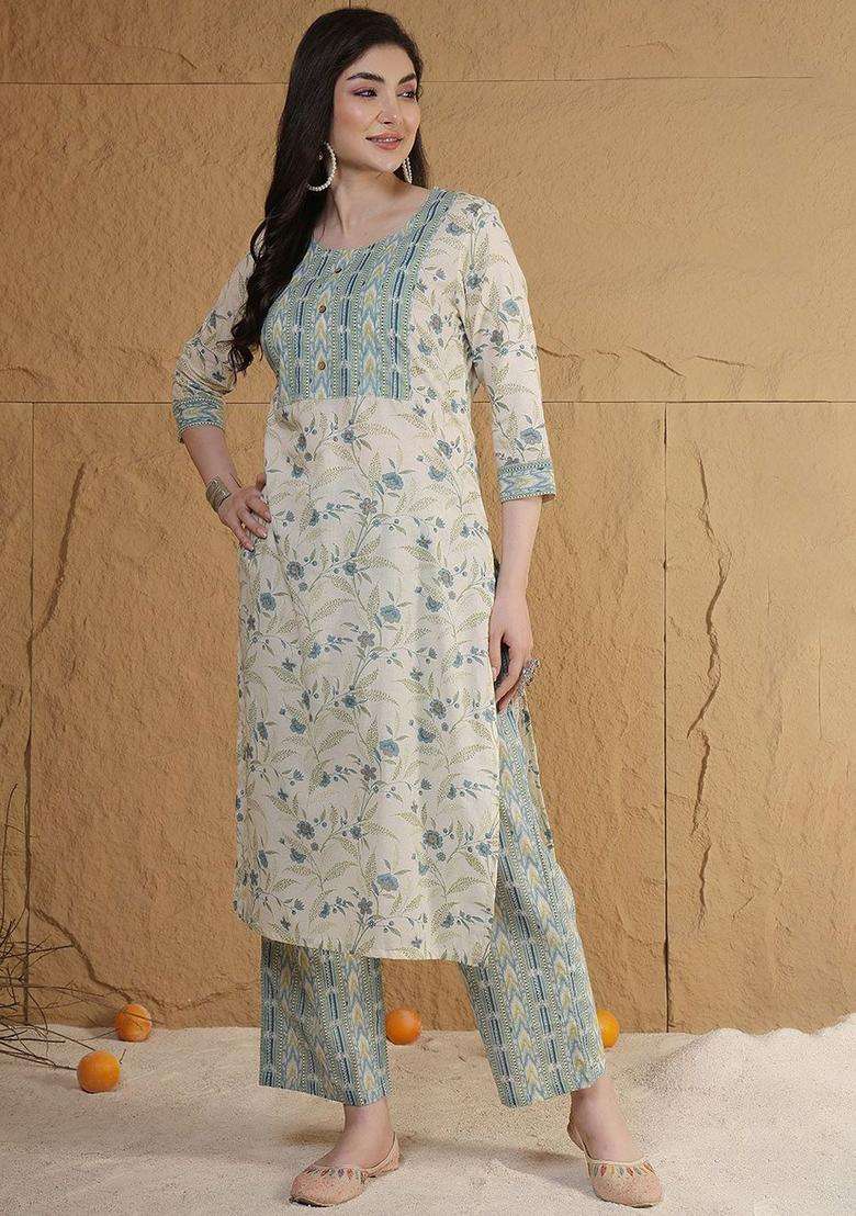 Beige Printed Cotton Kurta Set - Indya