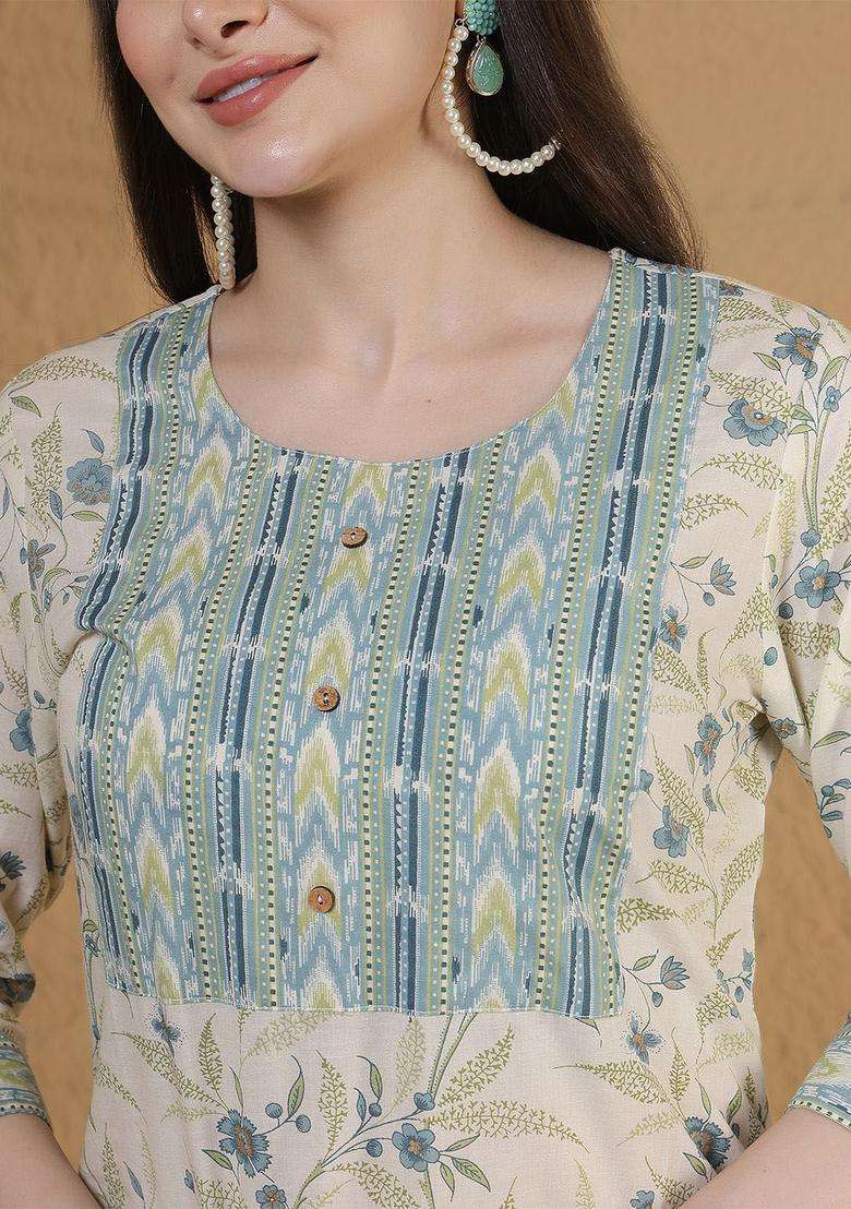 Beige Printed Cotton Kurta Set - Indya
