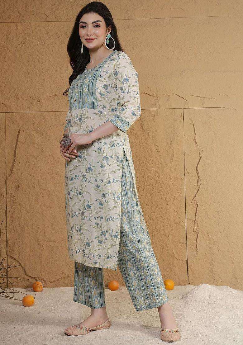 Beige Printed Cotton Kurta Set - Indya