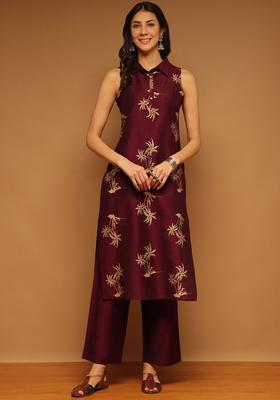 Burgundy Printed Silk Kurta Set