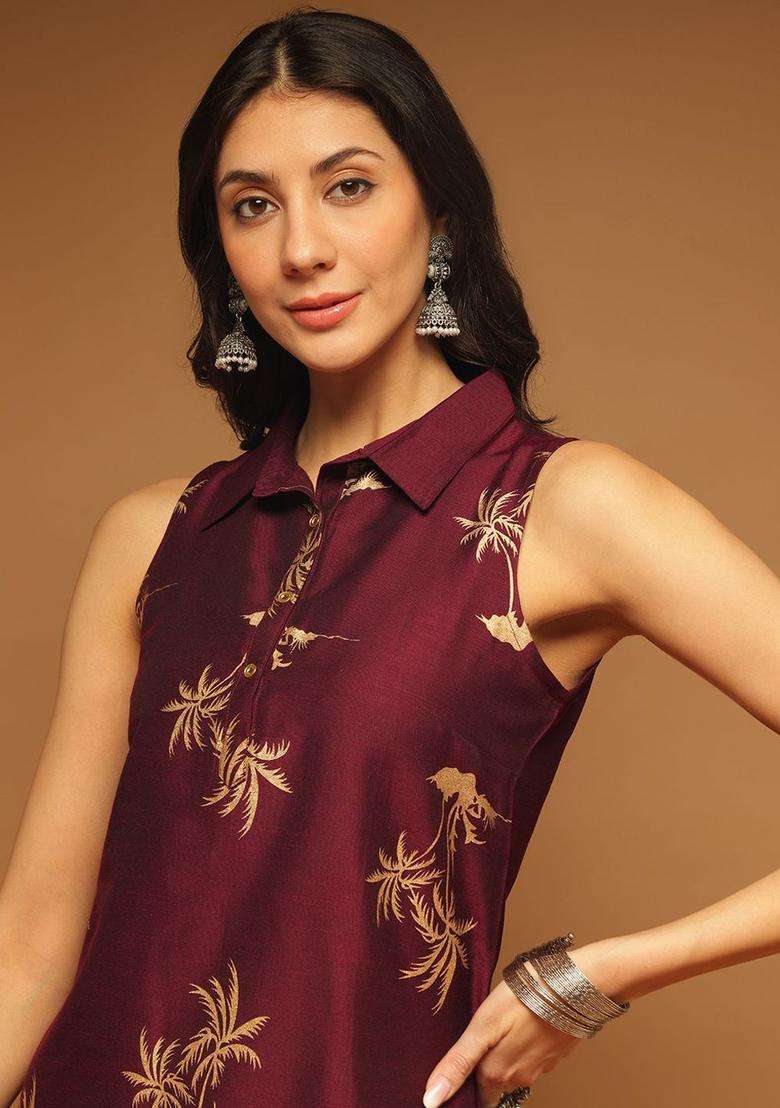 Burgundy Printed Silk Blend Kurta Set - Indya