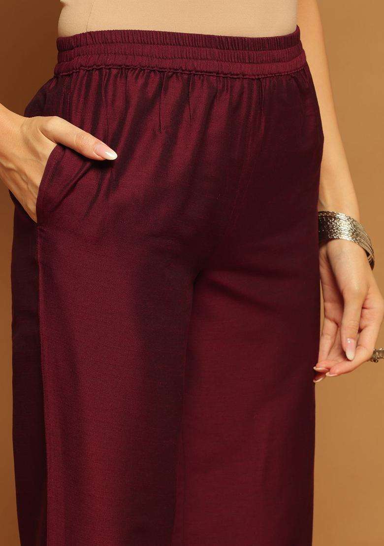 Burgundy Printed Silk Blend Kurta Set - Indya