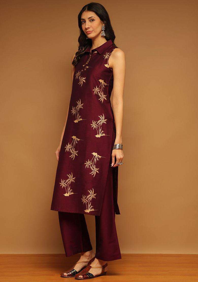 Burgundy Printed Silk Blend Kurta Set - Indya