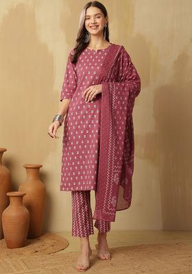Mauve Printed Cotton Kurta Set