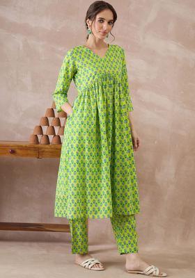 Lime Green Printed Cotton Kurta Set