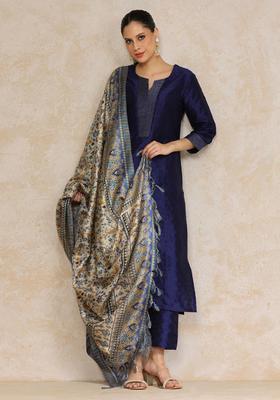 Navy Blue Woven Design Silk Blend Kurta Set