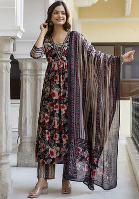 Black Printed Cotton Anarkali Set