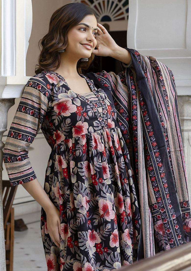 Black Printed Cotton Anarkali Set - Indya