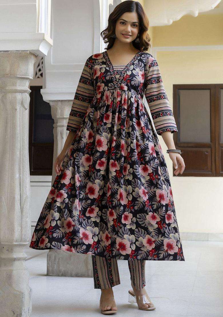 Black Printed Cotton Anarkali Set - Indya