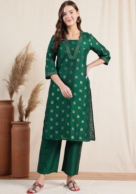 Green Woven Design Silk Blend Kurta Set