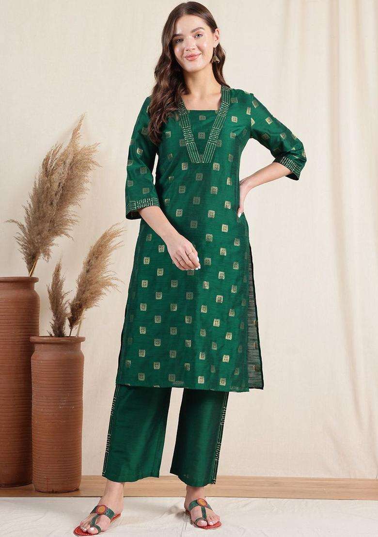 Green Woven Design Silk Blend Kurta Set - Indya